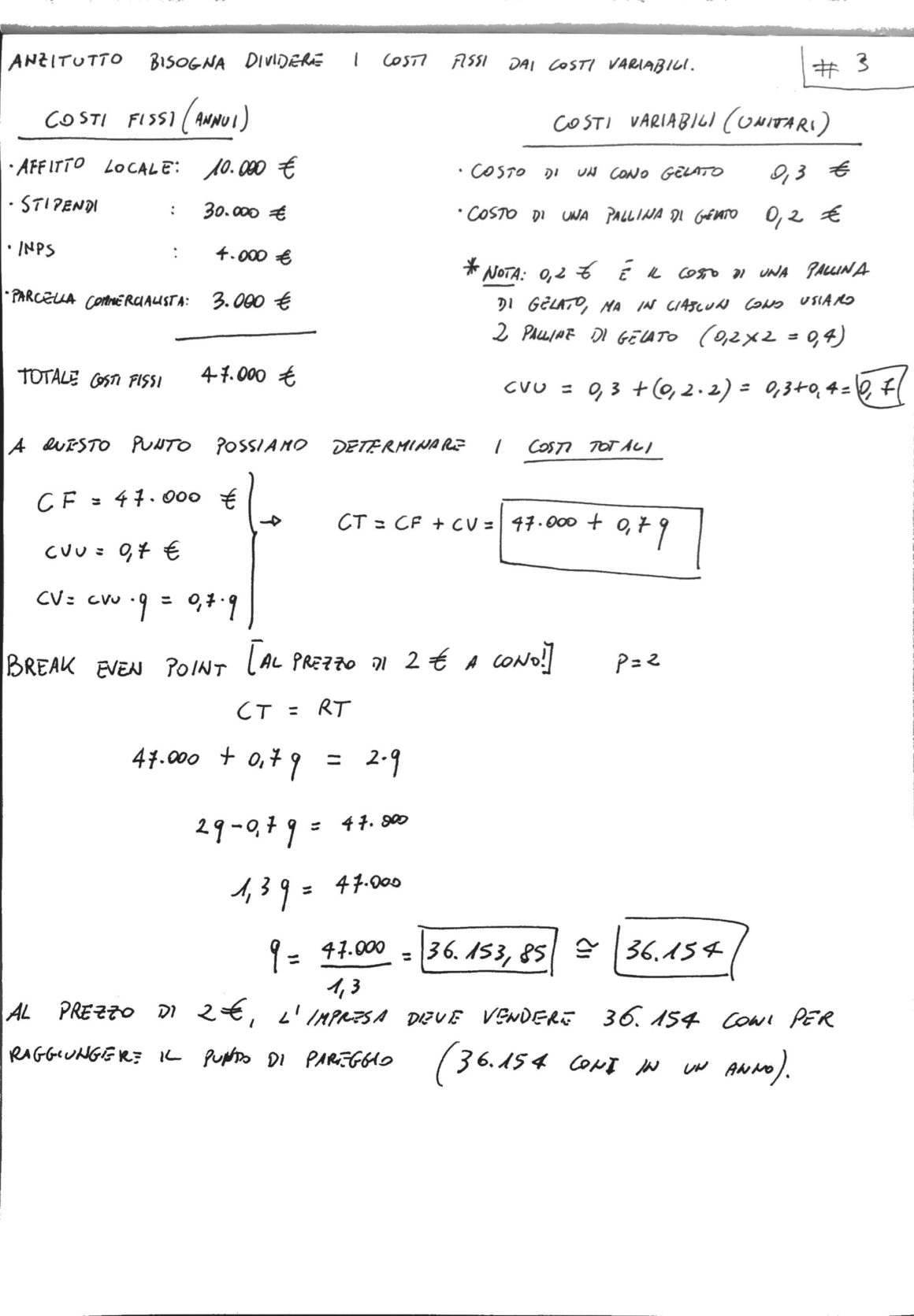 Esercizio svolto break even point: esercizio 3 - prima parte
