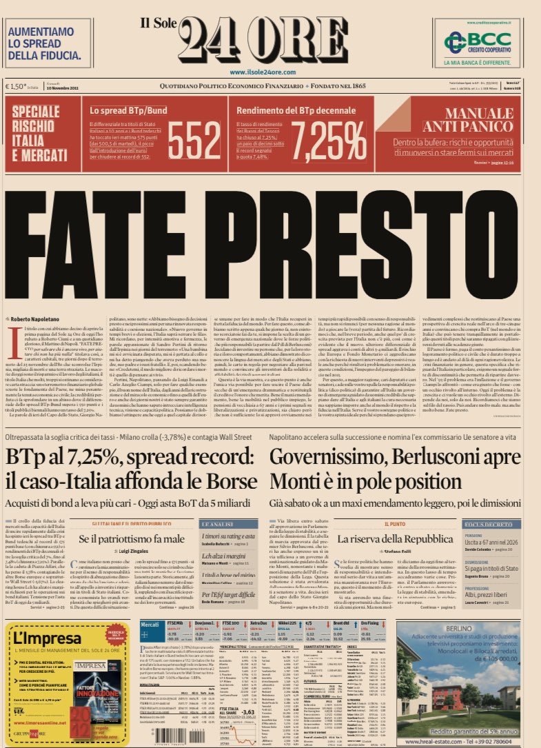 Cosa è lo spread? Titolo del sole 24 ore del 10 novembre 2011 - Fate presto